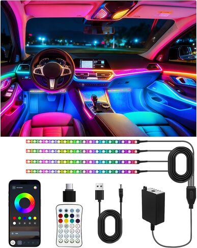 مصابيح LED داخلية للسيارة، شريط LED مرن مع تطبيق وجهاز تحكم عن بعد، مصابيح USB-A/C RGB مع وضع DIY ووضع الموسيقى، 72 مصباح LED in Kuwait