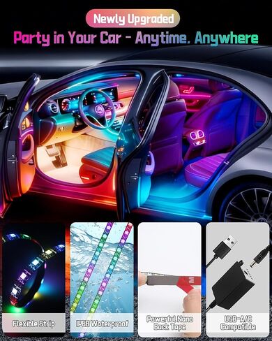 مصابيح LED داخلية للسيارة، شريط LED مرن مع تطبيق وجهاز تحكم عن بعد، مصابيح USB-A/C RGB مع وضع DIY ووضع الموسيقى، 72 مصباح LED in Kuwait