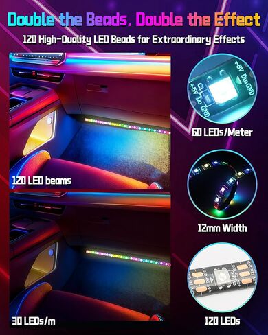 مصابيح LED داخلية للسيارة، شريط LED مرن مع تطبيق وجهاز تحكم عن بعد، مصابيح USB-A/C RGB مع وضع DIY ووضع الموسيقى، 72 مصباح LED in Kuwait