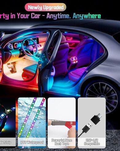 مصابيح LED داخلية للسيارة، شريط LED مرن مع تطبيق وجهاز تحكم عن بعد، مصابيح USB-A/C RGB مع وضع DIY ووضع الموسيقى، 72 مصباح LED in Kuwait