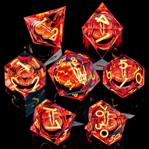 All-Seeing Eye DND Dice Set 7PCS Liquid Core Polyhedral Dice for Dungeons Dragons RPG Role Playing Game, Resin Sharp Edged Gaze Eye D and D Dice with Gift Box D6 D8 D10 D12 D20 (Golden Red) in Saudi Arabia
