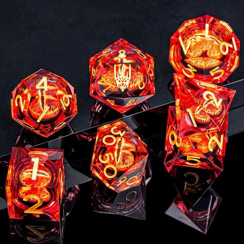 All-Seeing Eye DND Dice Set 7PCS Liquid Core Polyhedral Dice for Dungeons Dragons RPG Role Playing Game, Resin Sharp Edged Gaze Eye D and D Dice with Gift Box D6 D8 D10 D12 D20 (Golden Red) in Saudi Arabia