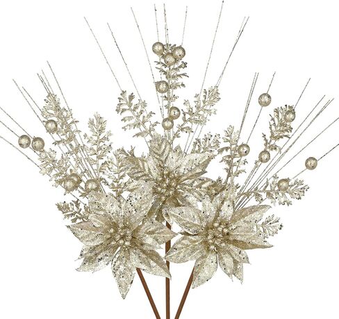 3 قطع من زهور البونسيتة الاصطناعية بلون الشمبانيا يختار بريق زهور عيد الميلاد وبخاخات زهور وهمية لعيد الميلاد مع حشو فروع الصنوبر التوت من أجل ديكور المزهرية المركزية in Saudi Arabia