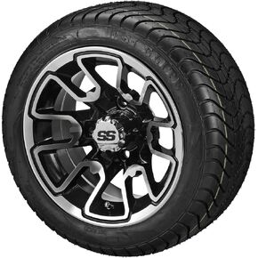 عربة RM مقاس 12 بوصة علامة مميزة باللون الأسود/مصنوعة على إطارات 215/40-12 LSI Elite (مجموعة من 4)، تناسب عربات Yamaha وإطارات وعجلات عربة الجولف in Kuwait