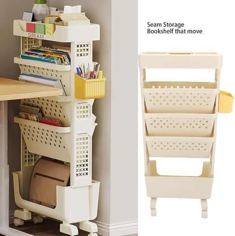 5 Tier Rolling Book Cart, Multifunctional Movable Storage Book Rack with Lockable Casters for Home Study Office Living Room Classroom (White) in Saudi Arabia