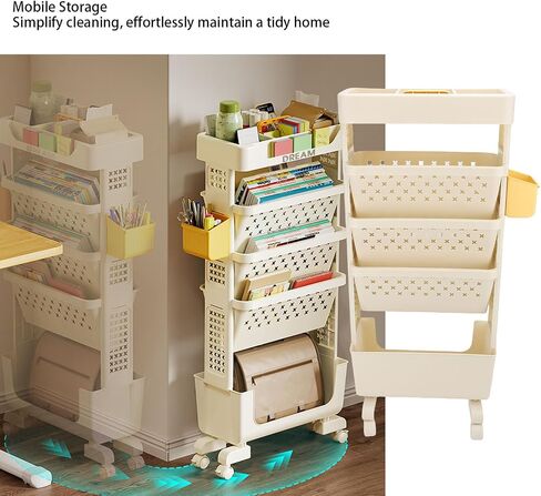 5 Tier Rolling Book Cart, Multifunctional Movable Storage Book Rack with Lockable Casters for Home Study Office Living Room Classroom (White) in Saudi Arabia