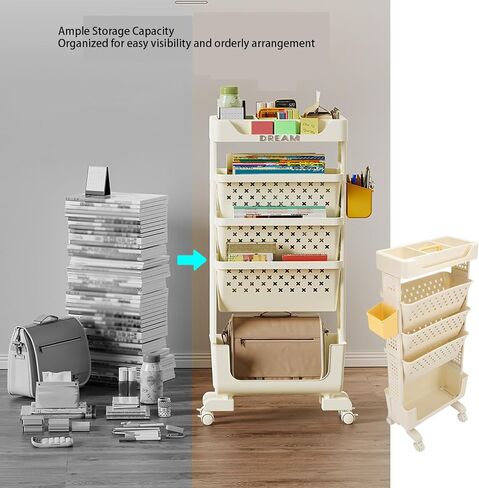 5 Tier Rolling Book Cart, Multifunctional Movable Storage Book Rack with Lockable Casters for Home Study Office Living Room Classroom (White) in Saudi Arabia