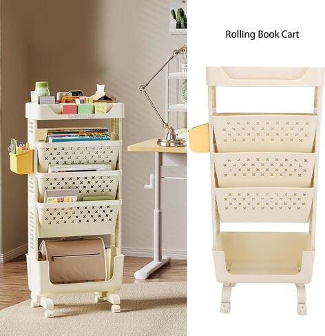 5 Tier Rolling Book Cart, Multifunctional Movable Storage Book Rack with Lockable Casters for Home Study Office Living Room Classroom (White) in Saudi Arabia