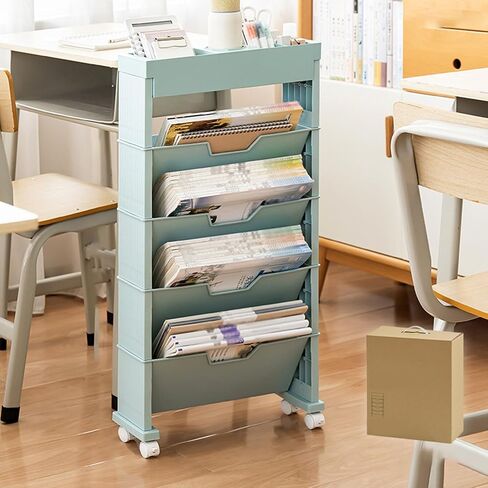 Mobile Bookshelf Cart, Layers Movable Book Storage Shelf Wheels Tilted Thickened Plastic 360° Rotation, Large Capacity Rolling Bookshelf for Indoor Classroom Bedroom (Blue) in Saudi Arabia