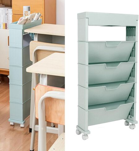 Mobile Bookshelf Cart, Layers Movable Book Storage Shelf Wheels Tilted Thickened Plastic 360° Rotation, Large Capacity Rolling Bookshelf for Indoor Classroom Bedroom (Blue) in Saudi Arabia
