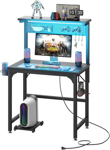 Gaming Desk with Power Outlets & LED Strip Lights,80CM Industrial Writing Desk with Height Adjustable Monitor Riser, PC Laptop Table with Portable CPU Stand for Home Office Black in Saudi Arabia