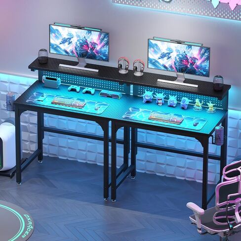 Gaming Desk with Power Outlets & LED Strip Lights,80CM Industrial Writing Desk with Height Adjustable Monitor Riser, PC Laptop Table with Portable CPU Stand for Home Office Black in Saudi Arabia