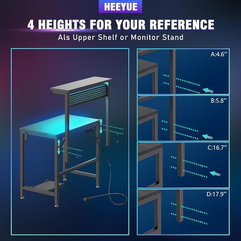 Gaming Desk with Power Outlets & LED Strip Lights,80CM Industrial Writing Desk with Height Adjustable Monitor Riser, PC Laptop Table with Portable CPU Stand for Home Office Black in Saudi Arabia