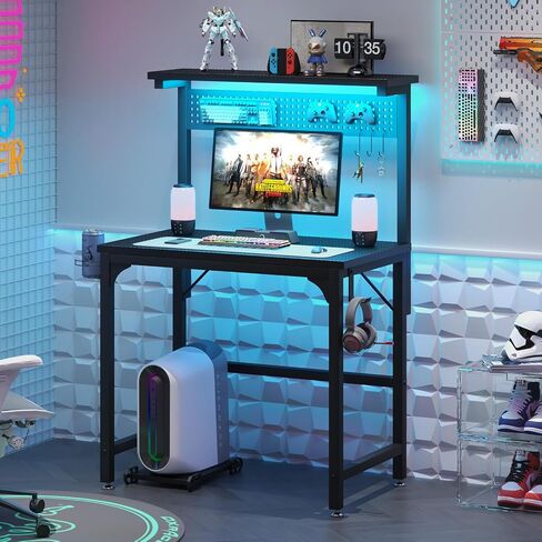 Gaming Desk with Power Outlets & LED Strip Lights,80CM Industrial Writing Desk with Height Adjustable Monitor Riser, PC Laptop Table with Portable CPU Stand for Home Office Black in Saudi Arabia