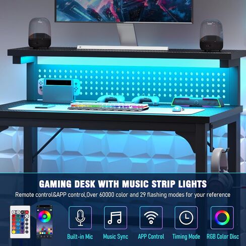 Gaming Desk with Power Outlets & LED Strip Lights,80CM Industrial Writing Desk with Height Adjustable Monitor Riser, PC Laptop Table with Portable CPU Stand for Home Office Black in Saudi Arabia