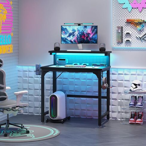 Gaming Desk with Power Outlets & LED Strip Lights,80CM Industrial Writing Desk with Height Adjustable Monitor Riser, PC Laptop Table with Portable CPU Stand for Home Office Black in Saudi Arabia
