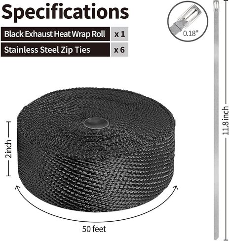 Black Exhaust Heat Wrap Roll, 2 Inch x 50 Ft, for Motorcycle Fiberglass Heat Shield Tape with Stainless Ties in Saudi Arabia