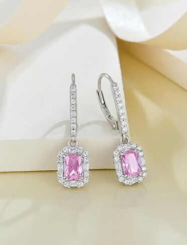 925 Sterling Silver Earrings Square Earrings with Princess Cut Birthstones, Halo Dangle Earrings with Leverback for Women Jewelry Gifts in Saudi Arabia