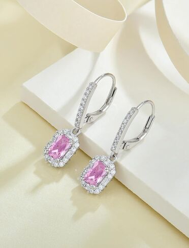 925 Sterling Silver Earrings Square Earrings with Princess Cut Birthstones, Halo Dangle Earrings with Leverback for Women Jewelry Gifts in Saudi Arabia