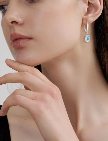 925 Sterling Silver Earrings Square Earrings with Princess Cut Birthstones, Halo Dangle Earrings with Leverback for Women Jewelry Gifts in Saudi Arabia