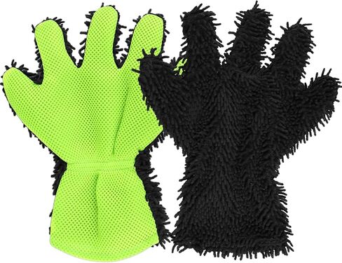 قفاز غسيل السيارة قطعتين، قفاز تنظيف من الألياف الدقيقة من ألياف الشنيل بخمسة أصابع للسيارات، قفازات غسيل تلقائية خالية من الخدوش، قفازات تنظيف خارجية داخلية للسيارة، رائعة للمناطق التي يصعب الوصول إليها (أخضر) in Kuwait
