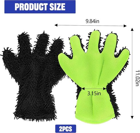 قفاز غسيل السيارة قطعتين، قفاز تنظيف من الألياف الدقيقة من ألياف الشنيل بخمسة أصابع للسيارات، قفازات غسيل تلقائية خالية من الخدوش، قفازات تنظيف خارجية داخلية للسيارة، رائعة للمناطق التي يصعب الوصول إليها (أخضر) in Kuwait
