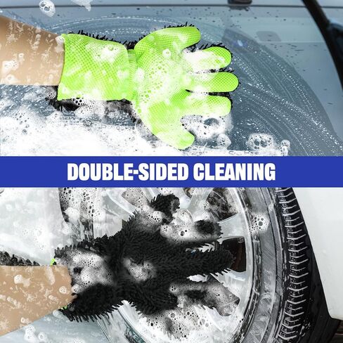 قفاز غسيل السيارة قطعتين، قفاز تنظيف من الألياف الدقيقة من ألياف الشنيل بخمسة أصابع للسيارات، قفازات غسيل تلقائية خالية من الخدوش، قفازات تنظيف خارجية داخلية للسيارة، رائعة للمناطق التي يصعب الوصول إليها (أخضر) in Kuwait