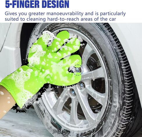 قفاز غسيل السيارة قطعتين، قفاز تنظيف من الألياف الدقيقة من ألياف الشنيل بخمسة أصابع للسيارات، قفازات غسيل تلقائية خالية من الخدوش، قفازات تنظيف خارجية داخلية للسيارة، رائعة للمناطق التي يصعب الوصول إليها (أخضر) in Kuwait