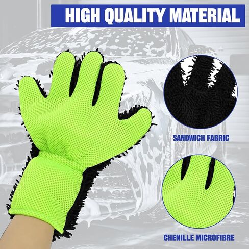 قفاز غسيل السيارة قطعتين، قفاز تنظيف من الألياف الدقيقة من ألياف الشنيل بخمسة أصابع للسيارات، قفازات غسيل تلقائية خالية من الخدوش، قفازات تنظيف خارجية داخلية للسيارة، رائعة للمناطق التي يصعب الوصول إليها (أخضر) in Kuwait
