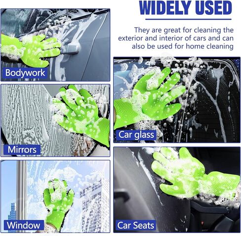 قفاز غسيل السيارة قطعتين، قفاز تنظيف من الألياف الدقيقة من ألياف الشنيل بخمسة أصابع للسيارات، قفازات غسيل تلقائية خالية من الخدوش، قفازات تنظيف خارجية داخلية للسيارة، رائعة للمناطق التي يصعب الوصول إليها (أخضر) in Kuwait