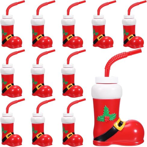 Hoolerry 12 Pack Christmas Santa Boot Cups with Lids and Straws Bulk 10 oz Santa Elf Boot Plastic Cups for Kids Novelty Party Supplies Winter Holiday Xmas Party Favors Birthday Gift in Kuwait