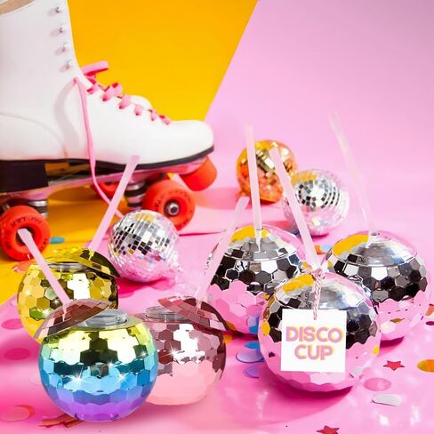 12 PCS Disco Ball Cups, 20Oz Disco Party Cups with Lid and Reusable Straw Flash Ball Cocktail Cup for Party Nightclub Bar Supplies Wine Drinking Syrup Tea Bottle(Rose Gold) in Saudi Arabia