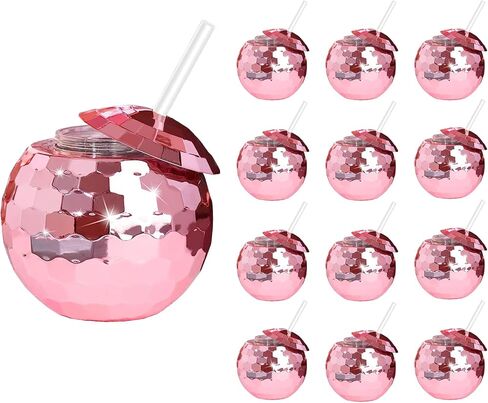 12 PCS Disco Ball Cups, 20Oz Disco Party Cups with Lid and Reusable Straw Flash Ball Cocktail Cup for Party Nightclub Bar Supplies Wine Drinking Syrup Tea Bottle(Rose Gold) in Kuwait