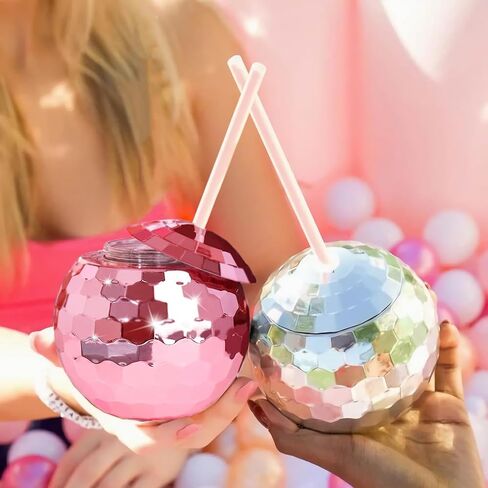 12 PCS Disco Ball Cups, 20Oz Disco Party Cups with Lid and Reusable Straw Flash Ball Cocktail Cup for Party Nightclub Bar Supplies Wine Drinking Syrup Tea Bottle(Rose Gold) in Kuwait
