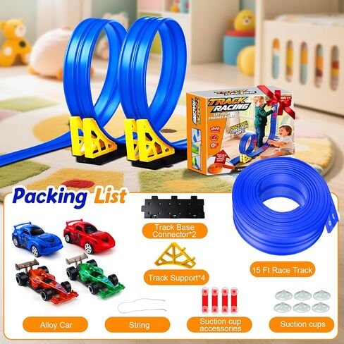 مجموعة ألعاب مسار السباق المرنة من نيكمور: منحدر قابل للانحناء بطول 15 قدمًا مع أكواب شفط - مسار سيارة قابل للطي للأطفال متوافق مع سيارات دييكاست 1:64 - عيد الميلاد للأولاد والبنات من سن 3 سنوات فما فوق in Kuwait