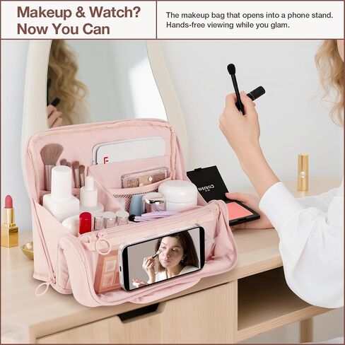 Abiudeng Standing Travel Makeup Bag Stand up Make up Bag Travel Toiletry Bag with Multiple Compartments Large Capacity for Women Business Trips Fitness and Daily Commutes (White) in Saudi Arabia