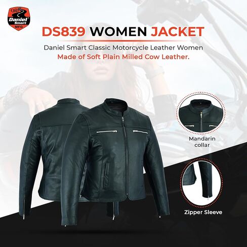 Daniel Smart Classic Women Motorcycle Leather Jacket with Mandarin collar stripe detailing & pockets in Saudi Arabia