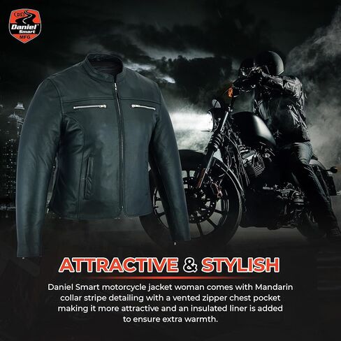 Daniel Smart Classic Women Motorcycle Leather Jacket with Mandarin collar stripe detailing & pockets in Saudi Arabia