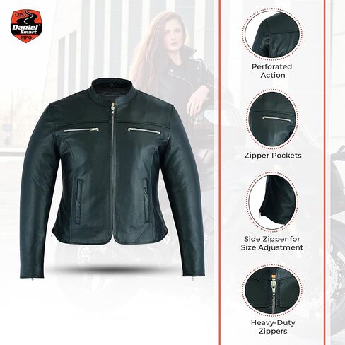Daniel Smart Classic Women Motorcycle Leather Jacket with Mandarin collar stripe detailing & pockets in Saudi Arabia