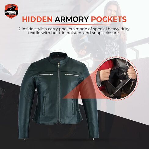 Daniel Smart Classic Women Motorcycle Leather Jacket with Mandarin collar stripe detailing & pockets in Saudi Arabia