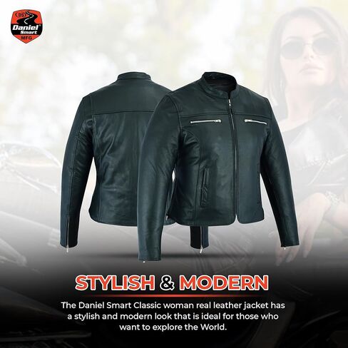Daniel Smart Classic Women Motorcycle Leather Jacket with Mandarin collar stripe detailing & pockets in Saudi Arabia