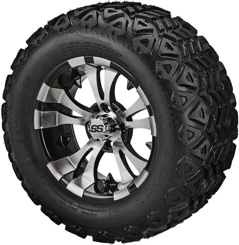 RM Cart 12" Warlock أسود/أحمر على إطارات سوداء مقاس 22x11-12 (مجموعة من 4) | مجموعة إطارات وعجلات عربة الجولف مع صواميل العروة القياسية in Kuwait