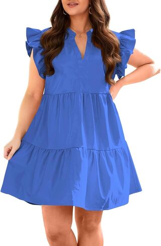 Fisoew Plus Size Dresses for Women Summer Ruffle Short Sleeve V Neck Dress Tiered Swing A Line Babydoll Mini Dress in Saudi Arabia