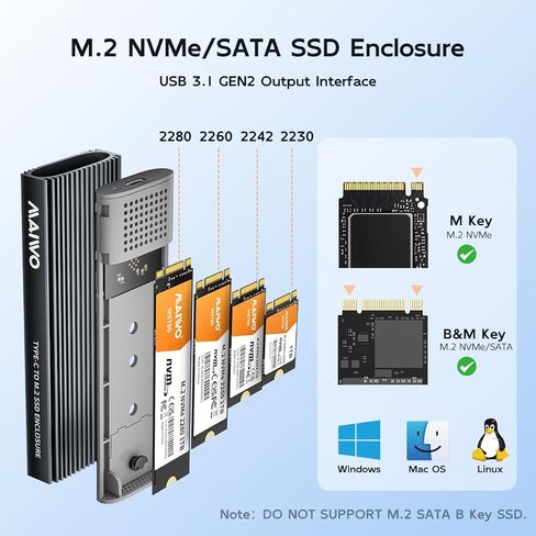MAIWO 2 Bay M.2 NVMe SSD Enclosure USB 3.1 Gen2 Type-C 10Gbps Support UASP Tool Free Support 2230/2242/2260/2280 M Key/B&M Key Aluminum Case in Kuwait