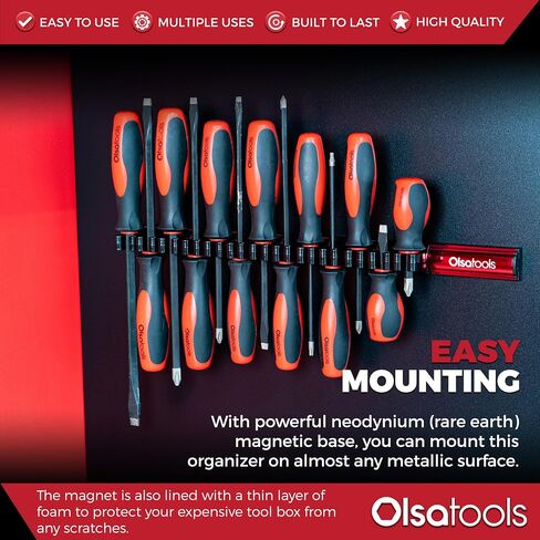 منظم مفك براغي مغناطيسي من Olsa Tools - حامل مفك براغي بمغناطيس قوي ودعامة إسفنجية - حامل أدوات احترافي ومنظم أدوات - يخزن ما يصل إلى 16 مفك براغي - أحمر - الجزء: 1008 in Kuwait