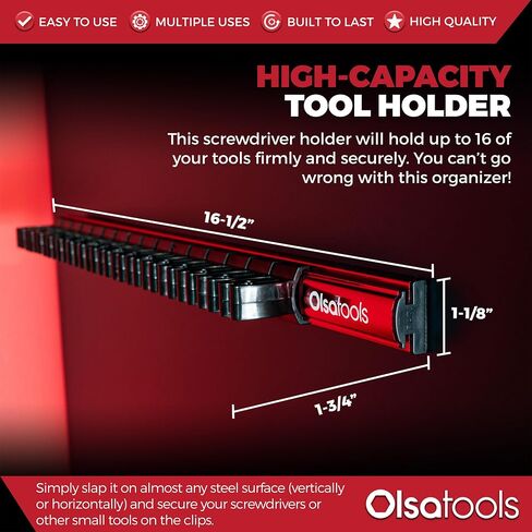منظم مفك براغي مغناطيسي من Olsa Tools - حامل مفك براغي بمغناطيس قوي ودعامة إسفنجية - حامل أدوات احترافي ومنظم أدوات - يخزن ما يصل إلى 16 مفك براغي - أحمر - الجزء: 1008 in Kuwait