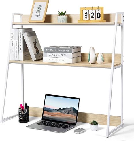 2-Tier Desktop Bookshelf & Hutch - Fits Over Large Monitors - Modern Desk Organizer with Metal Frame - Vertical Storage for Small Desks, Home Office, Dorm, Makeup Vanity (Blonde Wood/White) in Saudi Arabia
