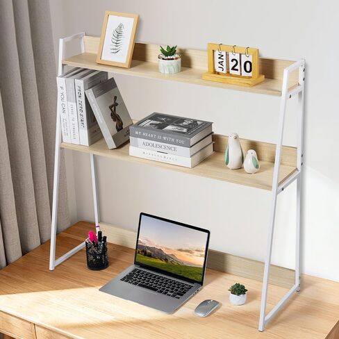 2-Tier Desktop Bookshelf & Hutch - Fits Over Large Monitors - Modern Desk Organizer with Metal Frame - Vertical Storage for Small Desks, Home Office, Dorm, Makeup Vanity (Blonde Wood/White) in Saudi Arabia