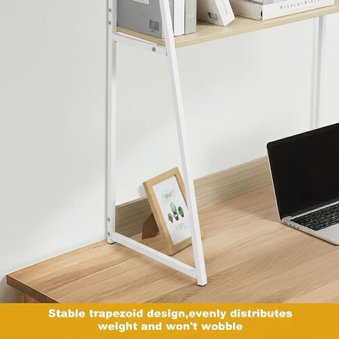 2-Tier Desktop Bookshelf & Hutch - Fits Over Large Monitors - Modern Desk Organizer with Metal Frame - Vertical Storage for Small Desks, Home Office, Dorm, Makeup Vanity (Blonde Wood/White) in Saudi Arabia