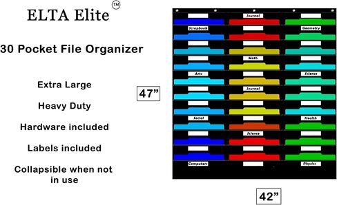 30 Folders Hanging Wall Organizer, 42" W x 47" H, Wall Mount or Door/Rod Mount, For Files, assignments, School, Office, College, Classroom, Dorm, Storage + Wall Mounting Hardware & Labels Included in Kuwait